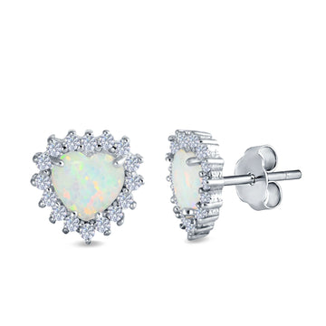 Halo Art Deco Heart Stud Earrings Lab Created White Opal Simulated CZ 925 Sterling Silver (12mm)